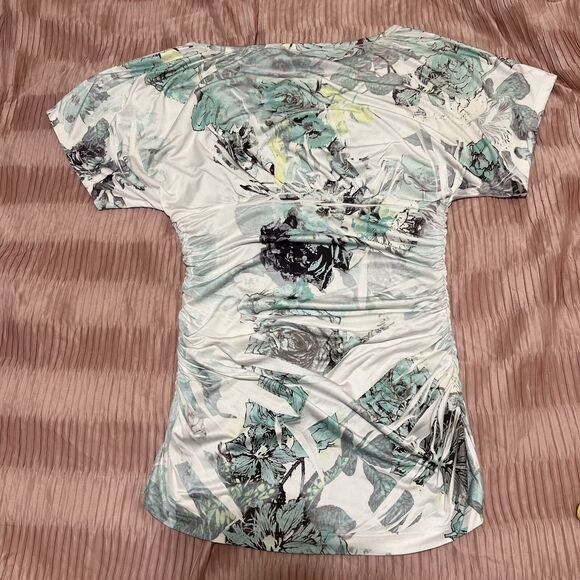 IZ Byer Top Womens Small White Blue Green Floral Ruched Sides Stretch Y2k - Picture 2 of 8